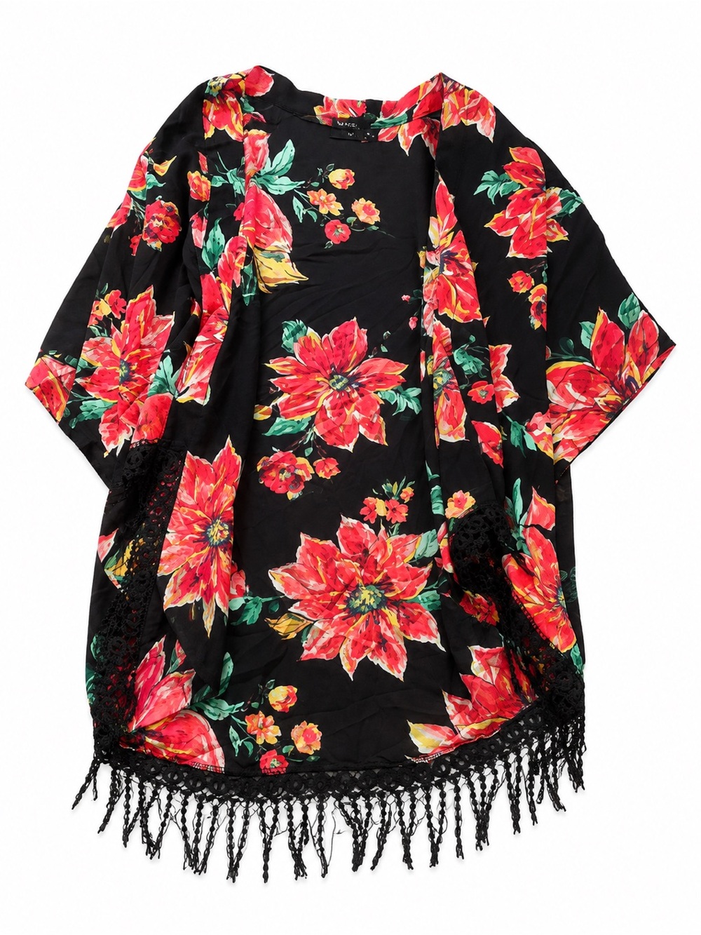 Maverick Floral Kimono Cover-Up with Black Fringe Trim | Size Medium